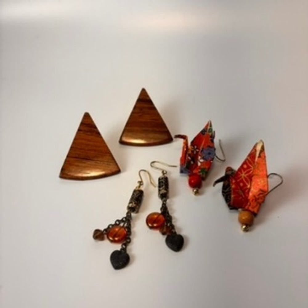 1970s Vintage Earring Lot Wood Paper Origami Crane Heart Boho Statement Jewelry